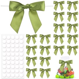 HINZIC 20pcs Green Twist Tie Bow for Gift Wrapping, 3.5" Premade Gift Bow Decor, Small Satin Ribbon Bowknot for Christmas Birthday Party Candy Cookies Treat Bags Decoration