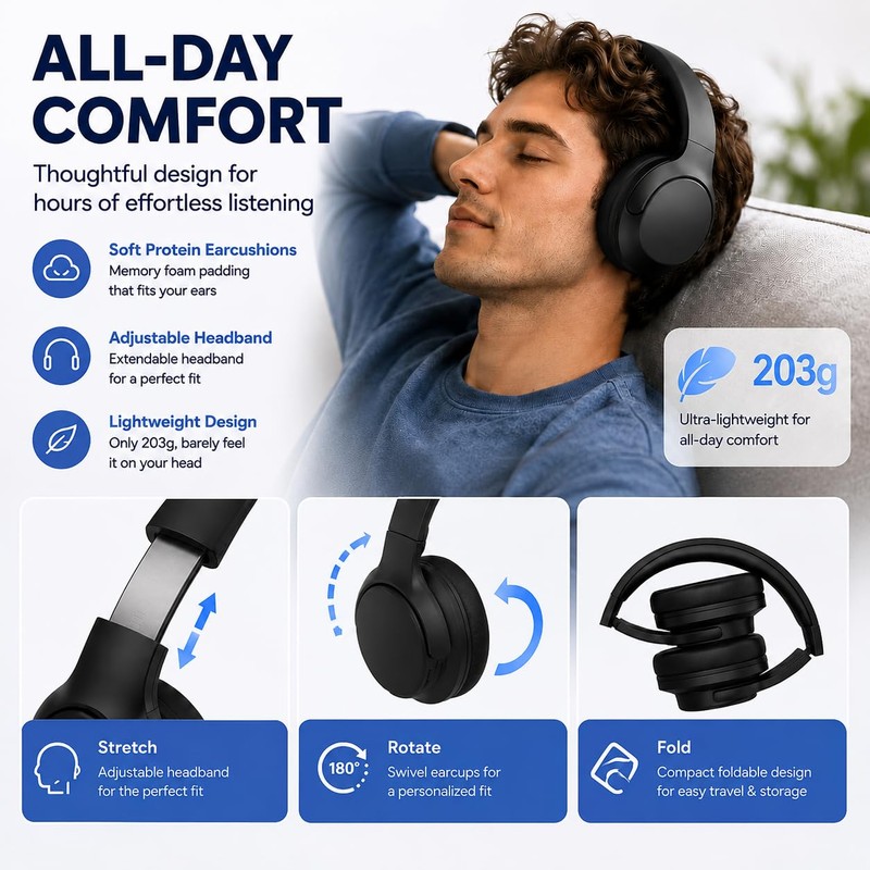 MZYML Active Noise Cancelling Headphones, Wireless Over Ear Bluetooth 5.4