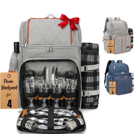Rnoony Picnic Backpack for Camping, Picnic Basket for 4 with Insulated Cooler Bag and Bottle Pouch, Picnic Bag with Lightweight Blanket and Cutlery Set for Family, Couples and Hiking