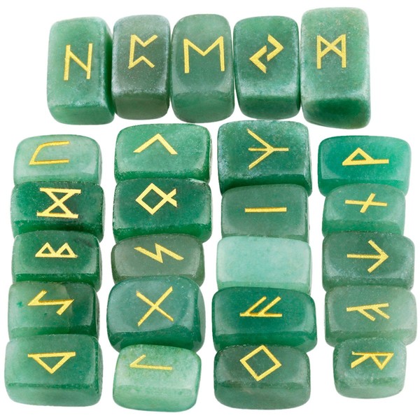 SUNYIK Natural Green Aventurine Rune Stones Set with Engraved Elder Futhark Alphabet Lettering Polished Healing Crystal Kit