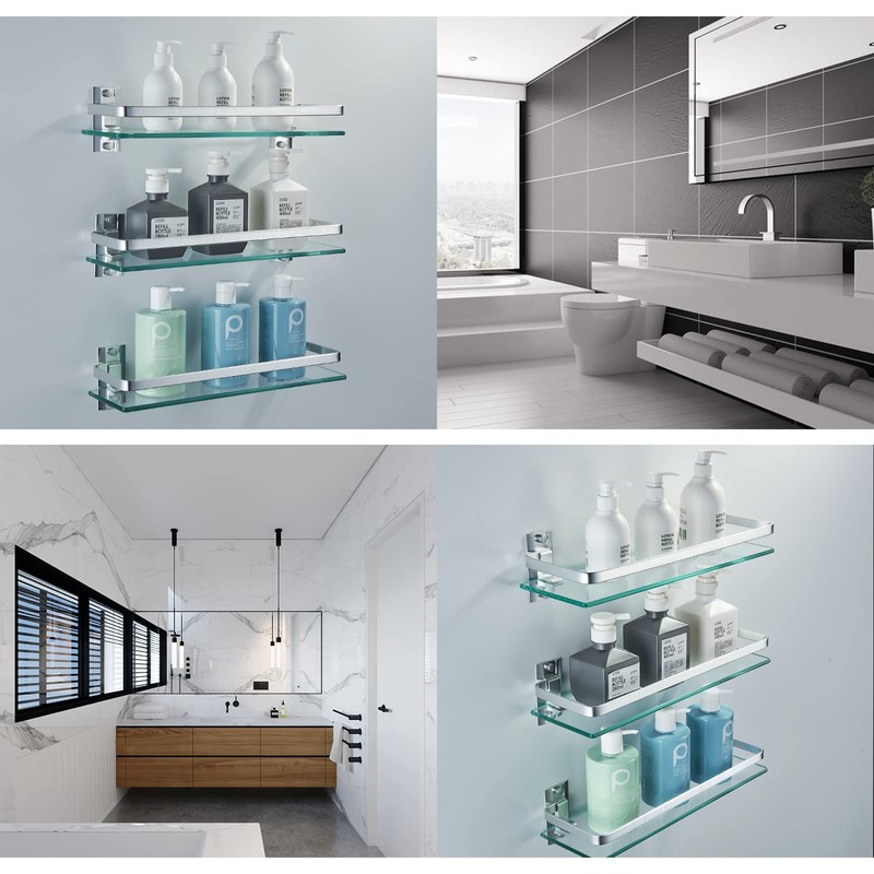 AIJALY 3 Pack Bathroom Glass Shelf,Aluminum Tempered Glass 0.34in Extra