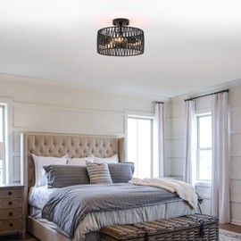 Hchunqjor 3-Light Coastal Black Woven Flush Mount Light Fixture Rustic Industrial Hemp Rope Flush Mount Ceiling Light for Hallway Bedroom Kitchen Entryway Farmhouse Living Room, Black