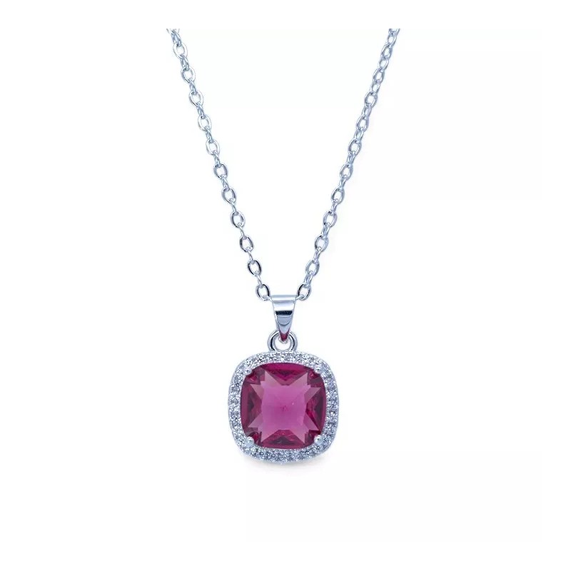 Ruby Rhodium Plated Ruby Cubic Zirconia Square Pendant Necklace Earrings