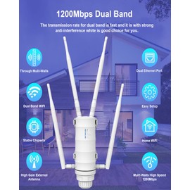 Outdoor WiFi Extender, AC1201 Dual Band 2.4G 5G, PoE Powered, 2 Gigabit Ports, 4x7dBi Antenna