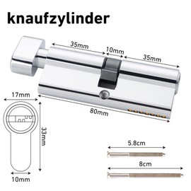 Hengsong Knob Cylinder, Cylinder Lock 40/40, Lock Cylinder with Knob for Front Door, Front Door, Security Lock, Garden Gate Lock, Front Door Lock, Approx. 8 cm x 1.68 cm x 3.28 cm, Silver