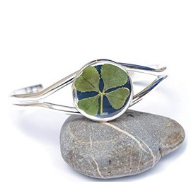 Silver Shamrock Clover Bracelet Cuff - Irish 4-leaf Clover Silver Accessory