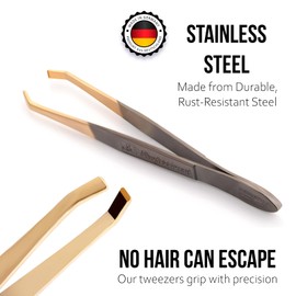 Solingen Tweezers for Eyebrows | Slanted Tip | Professional Stainless Steel |Slanted Tip Tweezers | Best Shaped for Eyebrows Extensions Chin Cheek Face Facial Hair | Made in Germany (Nickel-Gold)