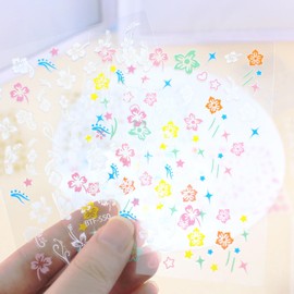 12 Sheets 3D Hibiscus Flower Nail Stickers Self-Adhesive Pink White Gold Floral Decals for Summer Manicure Tropical Nail Art Accessories for Women