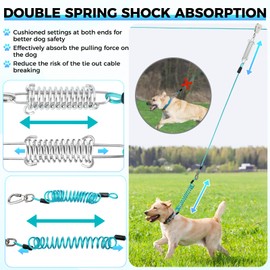 Dog Runner for Yard, Double Shock Absorption Dog Trolley System for Large Dogs, Heavy Duty 50FT Dog Tie Out Run Cable with 10FT Dog Leads, for Dogs Up to 250LBS,Aerial Dog Zipline for Outside,Camping
