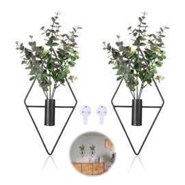 Mowouhn 2Pcs Wall Plants with Artificial Plants,Metal Diamond Shape Wall Planter Wall Plant Holder,Modern Geometric Plant Hanging Wall Decor,Hanging Wall Vase for Home Living Room Bathroom