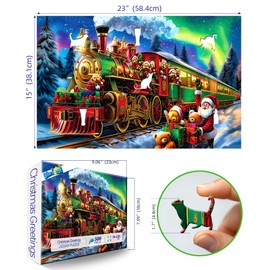 Christmas Train 500 Piece Jigsaw Puzzle for Adults Holiday Northern Lights Winter Town Scene Santa Puzzle Cute Bears Festive Fun Gift Family Games for Adults Seniors & Families (23x15in)