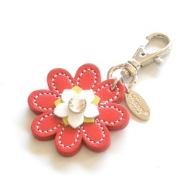 Happy HC-03 Flower Charm, Genuine Cow Leather, Rhinestone, Jewel, 9 Colors, Keychain, Made in Japan, 7.Red