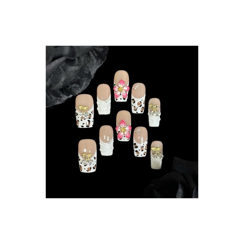 Uñas Postizas Hechas A Mano, con Diseño Floral de Terciopelo