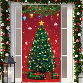 Christmas Front Door Cover Xmas Tree Door Cover Banner Merry Christmas Door Hanging Backdrop Decorations for Home Indoor Outdoor Winter Holiday Party Decor, 70.9 x 35.4 Inch
