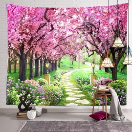 CHENGOR Tree Flower Tapestry Forest Path Red Cherry Blossom Wall Hanging Tapestry Living Room Bedroom Dorm Man Cave Background 200x150cm