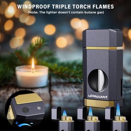 Triple Flame Torch Lighter with Built-in V Cutter, Holder and Draw Enhancer Tool, Butane Refillable Torch Lighter, Multifunctional Accessories Gift, Windproof Lighters for Candles and Outdoors
