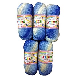 5 x 100 g Baby Wool Sekerim Bebe Batik Multi-Coloured 500 g Acrylic Wool Multi-Coloured (Blue White 3481)