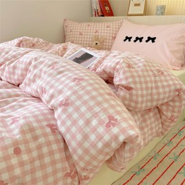ZBOOM Pink Gingham Check Duvet Cover Twin Pink White Bowknot Plaid Pattern Printed Microfiber Comforter Cover Ultra Soft Lightweight Checked Geometric Bedding Set with Pillow Sham for Kids Girls