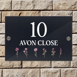 Badgemaster Floral Modern Floral Anthracite House Number Sign Plaque Stainless Steel Standoffs 20cm x 13cm Pink Flowers Bottom
