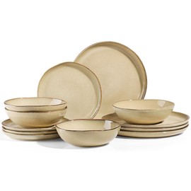 Herogo 12pcs Stoneware Dinnerware Sets for 4, Irregular Handmade Dinner Plates and Bowls, Kitchen Dining Dish Dishware Set, Microwave & Dishwasher Safe, Cream Khaki