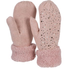 styleBREAKER 09010039 Women's Warm Winter Knitted Mittens with Rhinestones and Pearls Thermal Fleece Knitted Gloves, Antique Pink