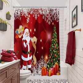 BROSHAN Tall Shower Curtain Christmas, Holiday Long Shower Curtains 72 x 84, Winter Christmas Santa Bathroom Decor Fabric Shower Curtain Set with Hooks, Red White Green