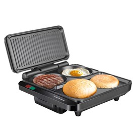 OVENTE Sandwich Maker and Hamburger Grill Machine with Non-Stick Griddle and Griller Plate, 1000W Electric Multipurpose Breakfast Station for Sandwiches, Burgers, Egg Muffin & Pancakes, Black HMG111B