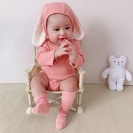LNL Easter Outfits Baby Girls Boys Bunny Jumpsuit Bodysuit Romper Infant Newborn with Rabbit Hat Socks 3PCS Pink 6-12 Months