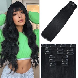 WindTouch Clip In Hair Extensions Black Hair Extensions Human Hair Full Head #1 Jet Black 120g 20Inch 7PCS