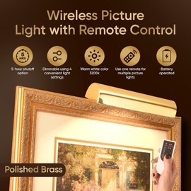 Concepdesigns Picture Light, Battery Operated Picture Light, Dimmable Wireless Picture Lights for Wall, Art Light, Library Light Battery Operated with Remote Control - 11.5 inches, Polished Brass