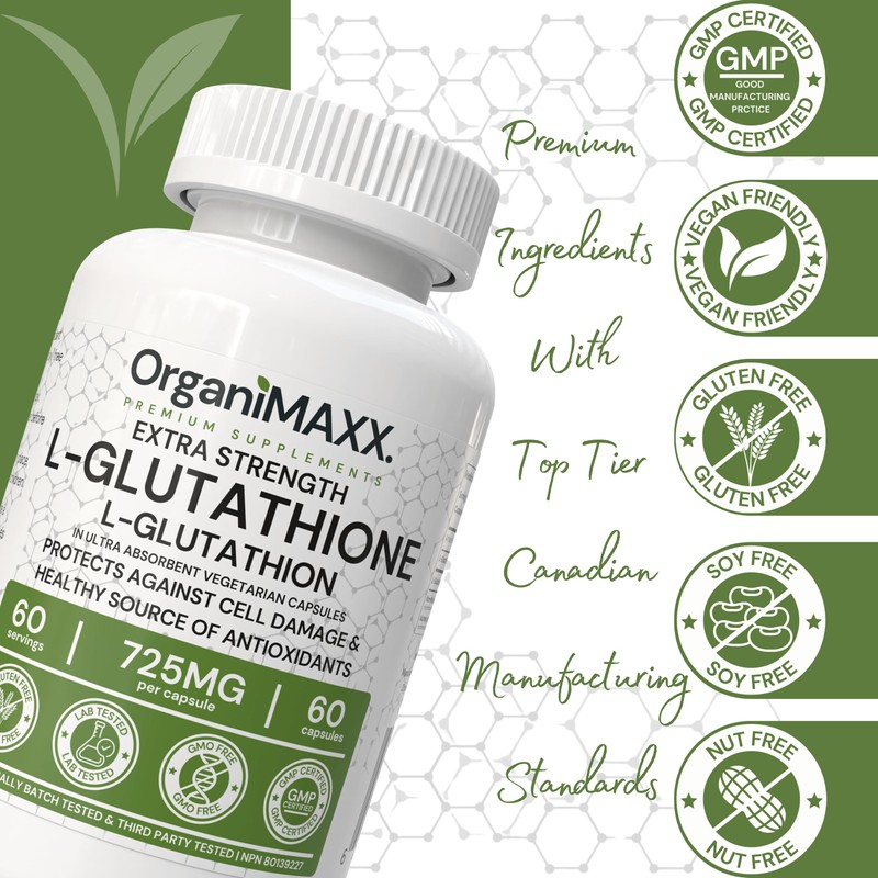 Glutathione 725mg Per Capsule OrganiMAXX L-Glutathione One A Day capsules.