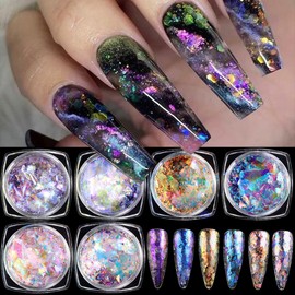 Iridescent Chrome Nail Powder, 6 Boxes Crystal Fire Opal Flakes for Nail Art, Holographic Chunky Glitter Mermaid Sequins, Chameleon Flakes Set, Ice Aurora Glass Paper Manicure Paillettes Decoration