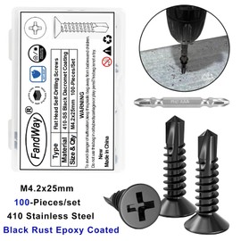 FandWay 100 Pcs Self Tapping Screws for Metal,M4.2x25mm Self Drilling Screws,Countersunk Head Sheet Metal Tek Screw,410 Stainless Steel Black Coating Phillips Drive With 1 Bits & Strong Box.