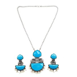 Turquoise Gemstone Bollywood Oxidized Elephant Jewelry Set for Women – Indian Ethnic Necklace with Matching Earrings 18" IN