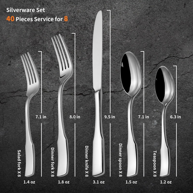 Alata Kate 40-Piece Silverware Set,Service for 8,Stainless Steel Flatware Set,Mirror