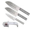 Merpale Cat Santoku Knife, Large and Petite Knife, Triple Set (Cats with Patterned Knife Sharpener and Sharpener)