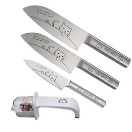 Merpale Cat Santoku Knife, Large and Petite Knife, Triple Set (Cats with Patterned Knife Sharpener and Sharpener)