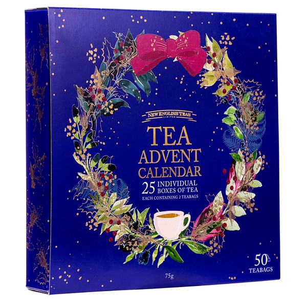 New English Teas Christmas Tea Advent Calendar 2023, 50 Pyramid Teabags, 5 Festive Black Tea, Fruit & Herbal Blends