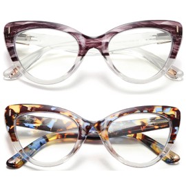 Hubeye 2 Pairs Cat Eye Reading Glasses with Spring Hinge Fashion Blue Light Blocking Computer Readers Cute Ladies Eyeglasses 1.00