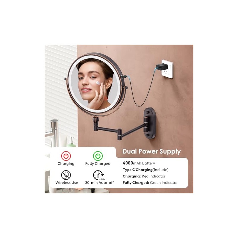 IMIKONA 9" Wall Mounted Lighted Makeup Mirror,4000mAh Rechargeable Double Sided