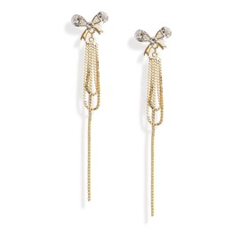 Sonateomber Gold Rhinestone Bow Stud Metal Chain Drop Dangle Tassel Earrings for Women Teen Girls, Cute Sparkly Cubic Zirconia Pearl Ribbon Fringe Earings Dangling Prom Wedding Fashion Jewelry Gift