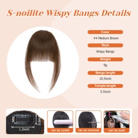 Clip in Bangs Hair Clip S-noilite Human Hair Bangs Hair Pieces for Women Wispy Bangs Fake Bangs #4 Medium Brown Bang 9g Faux Bangs Clip Human Hair（Wispy Bangs#4 Medium Brown）