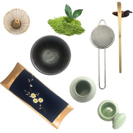 Artcome Traditional Japanese Matcha Tea Set, Matcha Whisk, Traditional Scoop, Matcha Bowl & Caddy, Ceramic Whisk Holder, Handmade Matcha Ceremony Kit (9Pcs)