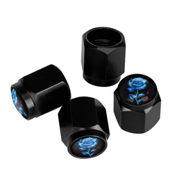Muishi Rose Blue Flame Tire Valve Stem Caps, Aluminum Black Stem Tire Valve Caps Universal Stem Covers for Cars, SUVs, Trucks, Bikes, Motorcycles, Bicycles (4 Pack)