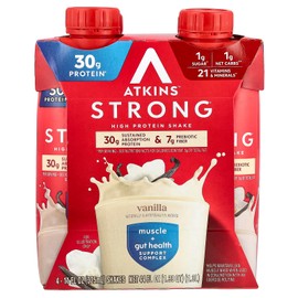 Atkins Strong High Protein Shake, Vanilla, 30g Protein, 7g Prebiotic Fiber, Muscle & Gut Health Support Complex, 4 Count