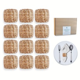 Wicker Rustic Napkin Rings Set of 12, Round Woven Boho Napkin Rings Handmade by Natural Water Hyacinth - Perfect for Farmhouse Party, Wedding, Dining Room, Table Decoration