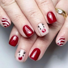 Christmas Short Square Press on Nails Winter Xmas Red and White Stripe Reindeer Designs Pink Glossy False Nails Full Cover Christmas Acrylic Nails Stick on Nails for Women Nail Art DIY 24 Pcs