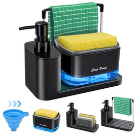 Dispensador de Jabon 5 en 1, Dispensador de Jabon Baño, Jabonera para Cocina con Soporte de Esponja, Toallero, Bandeja de Drenaje, Despachador de Jabó