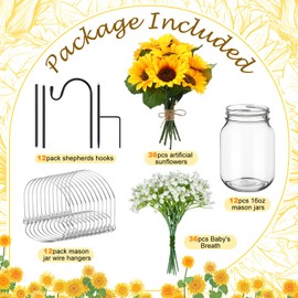 FoldTier 108 Pcs/12 Sets Sunflower Mason Jar Wedding Aisle Decorating Kit Rustic Hanging Mason Jars 32" Shepherds Hooks Faux Sunflower and Baby's Breath for Wedding Ceremony Outdoor Decoration