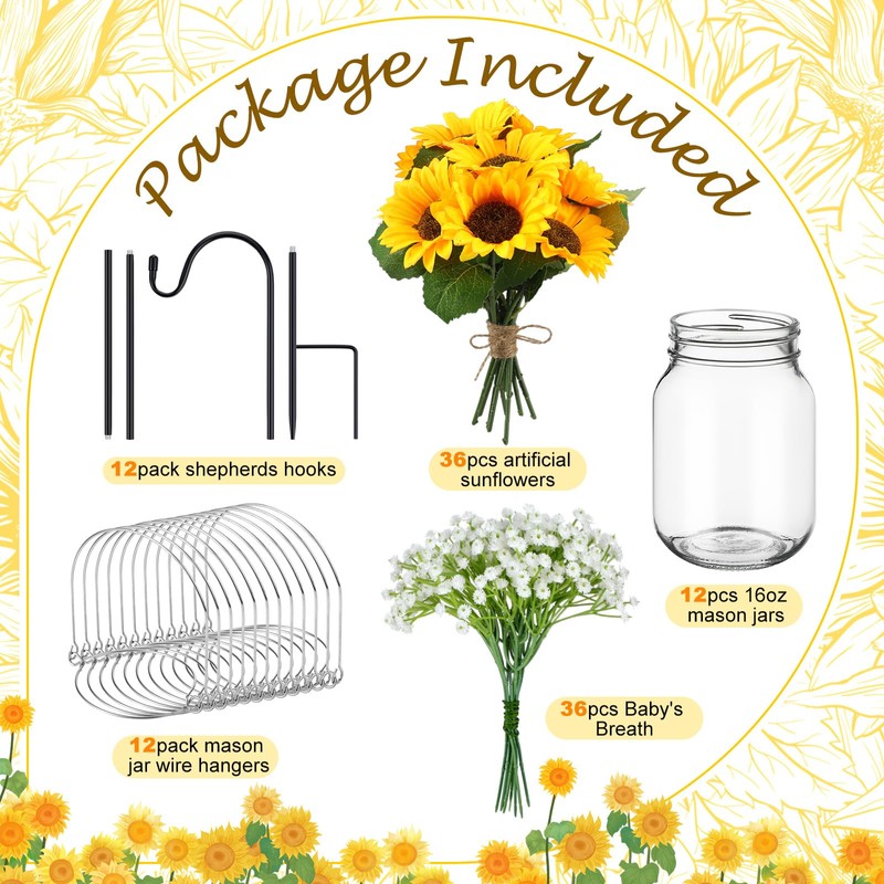FoldTier 108 Pcs/12 Sets Sunflower Mason Jar Wedding Aisle Decorating